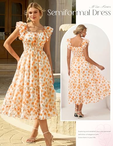 Image of GRACE KARIN 2026 Women's Spring Floral Midi Dress Square Neck Beach Wedding Guest Dresses Flowy A Line Casual Summer Clothes