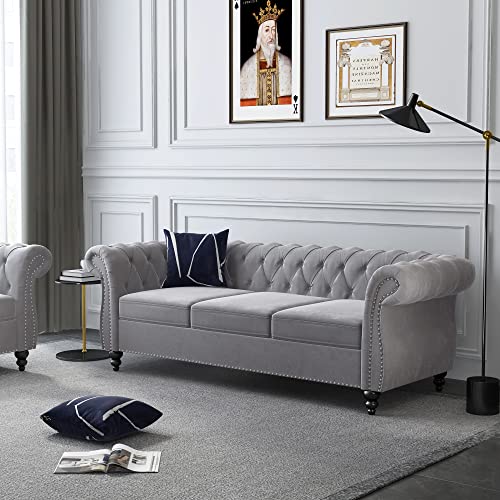 Image of ORRD Chesterfield Sofa Velvet, Modern Tufted Couch 3 Seater with Rolled Arms and Nailhead for Living Room, Bedroom, Office, Apartment (Grey)