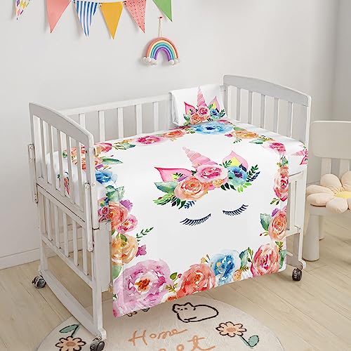 Image of Crib Bedding Set, 3-Piece Nursery Bedding with Comforter, Crib Sheet & Crib Skirt, Watercolor Unicorn Flowers Printed
