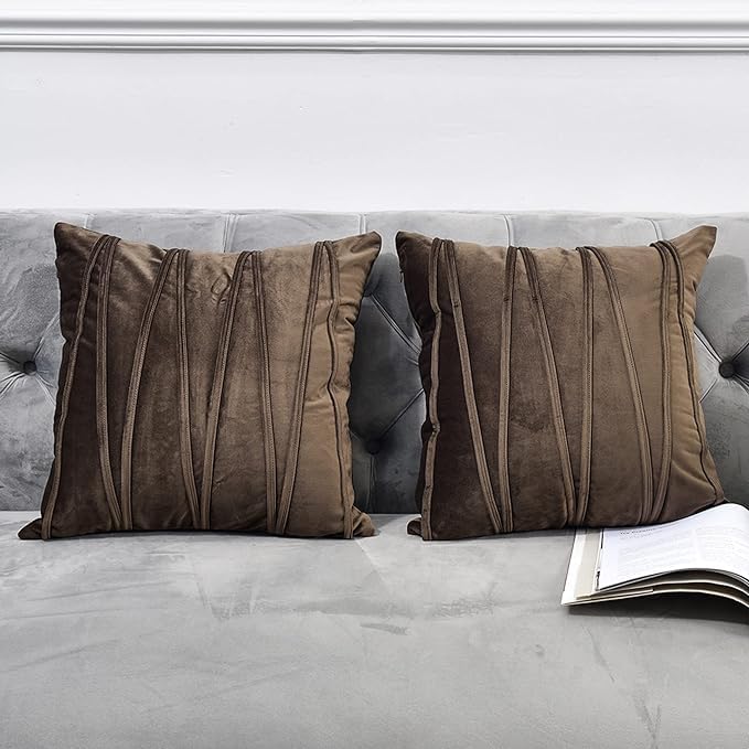 Image of Amazon Brand - Umi Decorative Striped Throw Pillow Covers 24 X 24 Inch,Soft Solid Velvet Pillow Covers Cushion Case with Zigzag Pattern for Sofa Bedroom 60 X 60 Cm (Pack of 2) Coffee