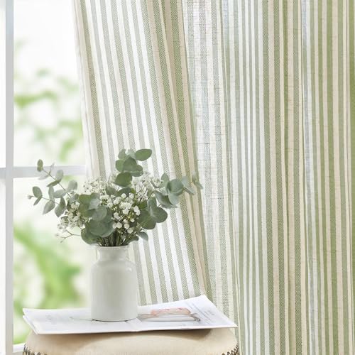 JINCHAN Linen Curtains for Living Room Sage Green on Beige Striped Curtains for Bedroom Ticking Stripe Pattern Light Filtering Farmhouse Cottage Core