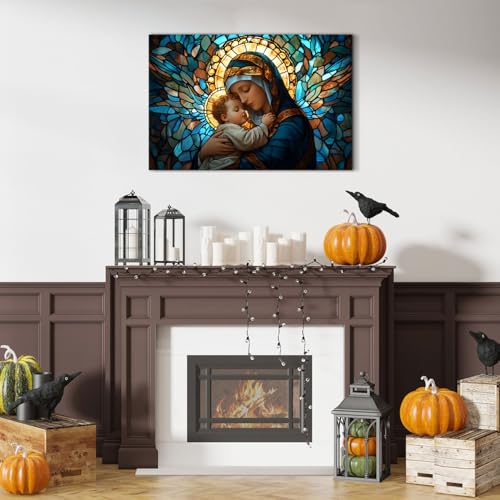 Image of Christian Wall Art Religious Wall Decor Mother Mary Hold Child Jesus Canvas Picture Abstract Mosaic Paintings for Prayer Bedroom 16x24 inch Bible Spiritual Healing Poster Print for Church Decorations
