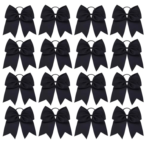 16 Pcs Large Cheer Hair Bows Grosgrain Ribbon Elastic Bands Handmade Ponytail Holder For Cheerleading Girls School College Sports (Large Black)
