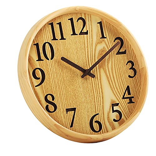 Aromustime 12 Inches Round Wooden Wall Clock Battery Operated Silent Non-Ticking,Wood Pointer&No Glass Cover,For Office Kitchen Bedroom Classroom&Living Room, Nature 05 #TOP2