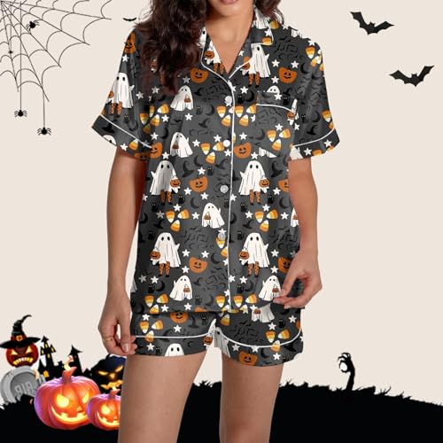 Halloween Pajamas Women 2025 Satin Silk Button Up Shirt And Shorts Pjs Sets 2 Piece Loungewear Sets Soft Sleepwear2