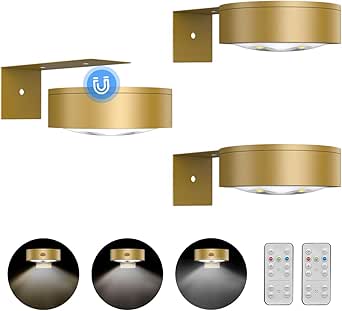 3Pack Picture Light Battery Operated Painting Lights for Wall Wireless Magnetic Display Art Light with Remote Control,Dimmable&amp;Timer Portrait Light for Art Frame Artworking,Wall Decor Puck Lights-Gold