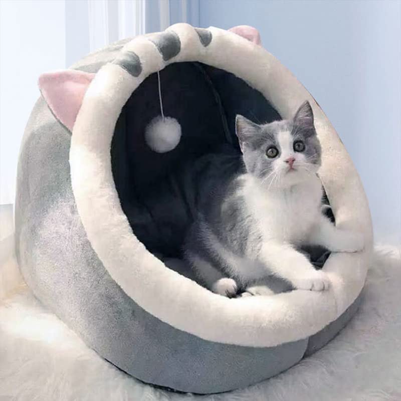 EHOTER Cat Beds for Indoor with Hanging toy Small Dog Cave Bed Kitten Tent House Removable Cushioned Pillow Super Soft Calming Pet Sofa Mats Ideal for Cats and Puppy or Rabbit (Grey-L)