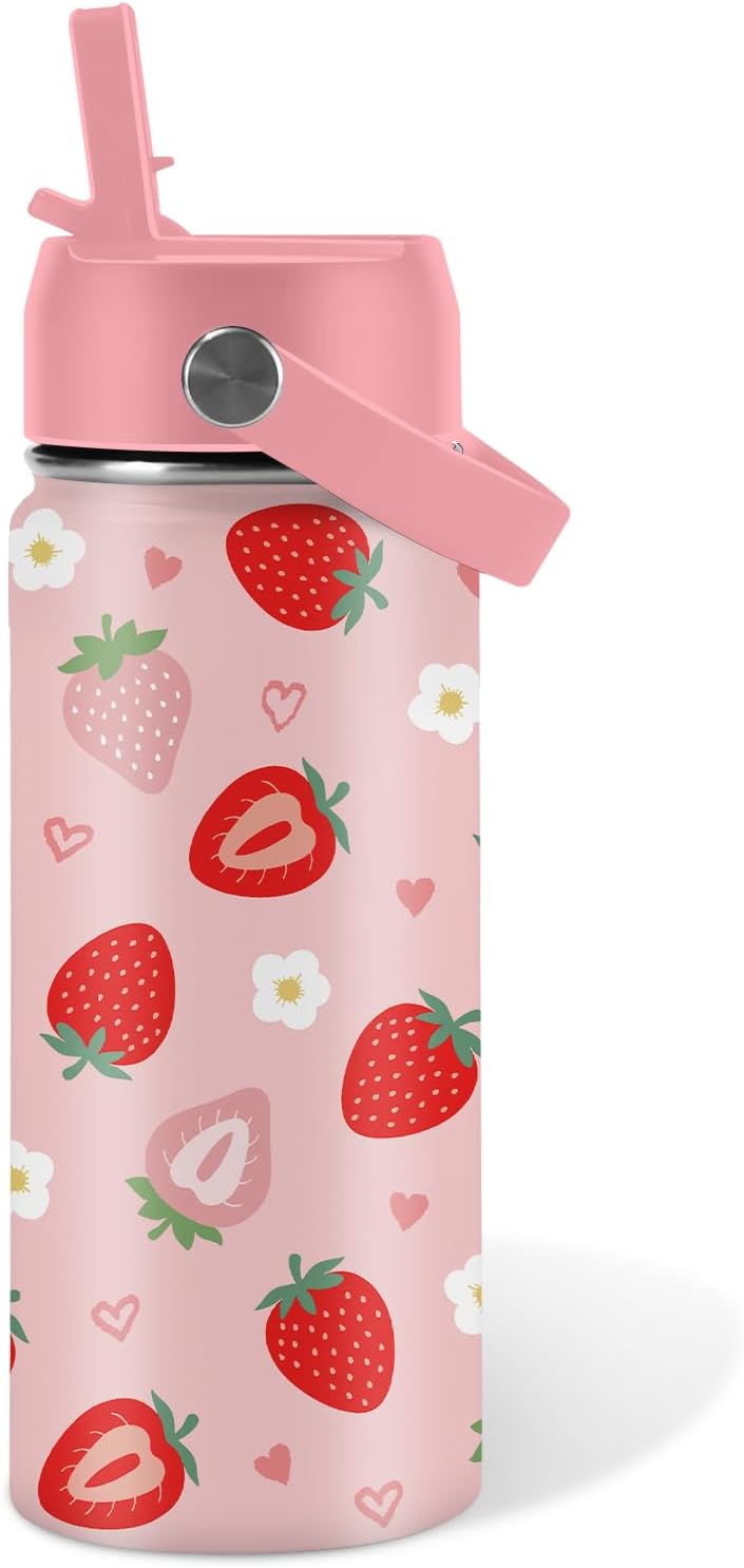 Strawberry Gifts for Kids - 16oz Pink Kids Water Bottle with Straw Lid, Stainless Steel Insulated Water Bottle, Leakproof, BPA-Free, for Girls, School, Strawberry Lover Children Birthday Gift Cup(1pc)