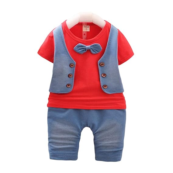 Hopscotch Boys Cotton Waistcoat Style Bow Attached T-Shirt and Pant Set in Red Colour