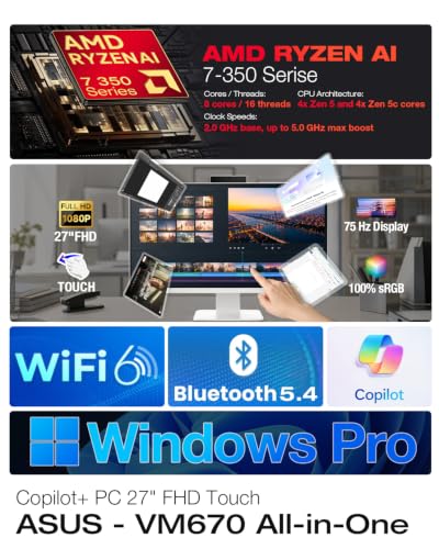 Image of ASUS VM670 27 Inch FHD 75Hz Touch All in One Desktop AMD Ryzen AI 7 350 | 64GB DDR5 RAM, 1TB SSD, AMD Radeon 860M, Wi-Fi 6, Windows 11 Pro, Copilot, Wireless Keyboard and Mouse for Business