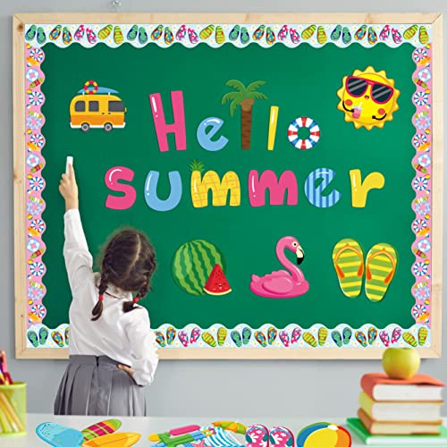 67 Pcs Hello Summer Cutouts, Summertime Bulletin Board Decoration Hawaiian Luau Beach Accents Diy Paper Cutouts With 100Pcs Glue Points Seasonal Classroom Decor For School Kindergarten Party Supplies #TOP3