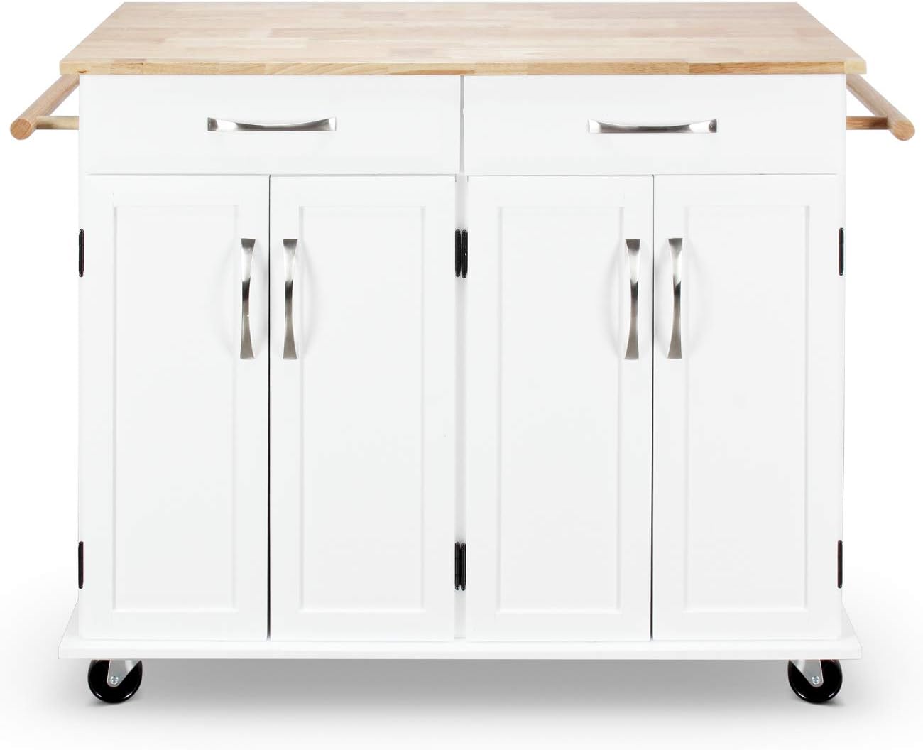 BELLEZE Modern Rolling Kitchen Island Utility Cart with Two Drawers, Storage Cabinets, Handle Towel Racks, Rubber Wood Top, and Caster Wheels - Baldy (White) : Home & Kitchen