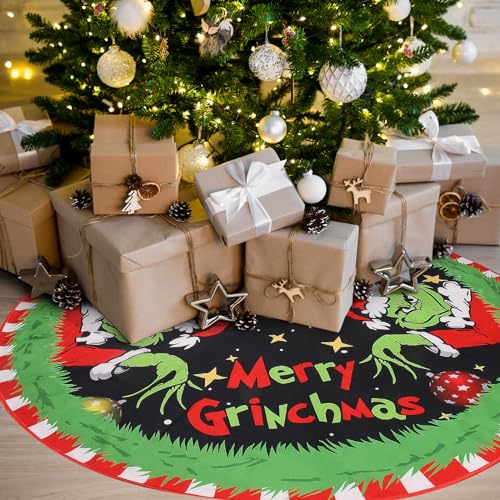 Christmas Tree Skirt 48-Inch Green Velvet - Star & Snowflake Design for a Farmhouse-Inspired Festive Celebration - Thumbnail 4