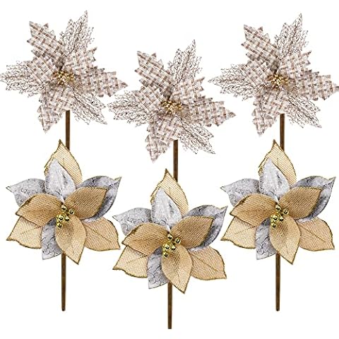 HOUÍSM 6PCS Large Artificial Glitter Poinsettia, Flower Sticks, Christmas Tree Flower Ornaments, Floral Stems, Branches, Xmas Tree Decor for Wreaths Garland Floral Winter Wedding-10inch, Champagne Cover