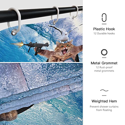 Desihom Funny Cat Shower Curtain Set Riding Shark Theme Ocean Curtains For Bathroom Fun Nautical Kids Decor Polyester Fabric-72" X 72" #TOP4