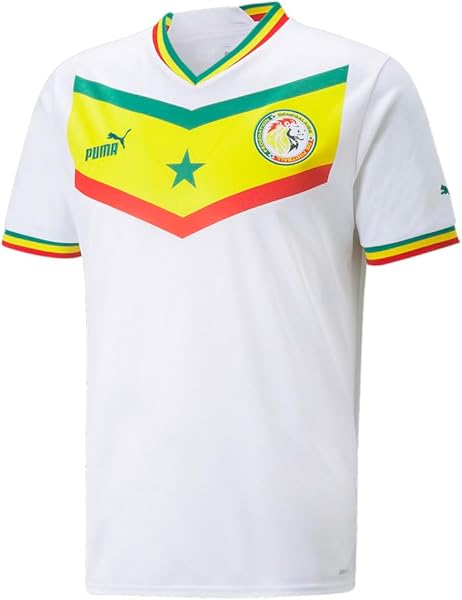 PUMA Mens Senegal Home '22'23 Replica V-Neck Short Sleeve Jersey Soccer Cleats - White