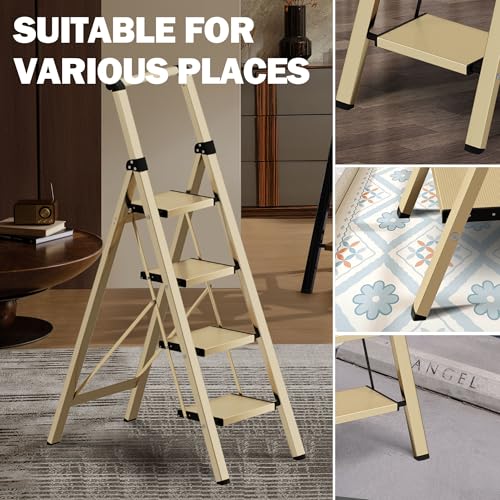 4 Step Ladder, Lightweight Folding Step Stool with Anti-Slip Aluminum Wide Pedal& Convenient Handgrip, 330lbs Capacity Steel Ladder for Household and Office (Gold) by BEFITMACE - Image 3