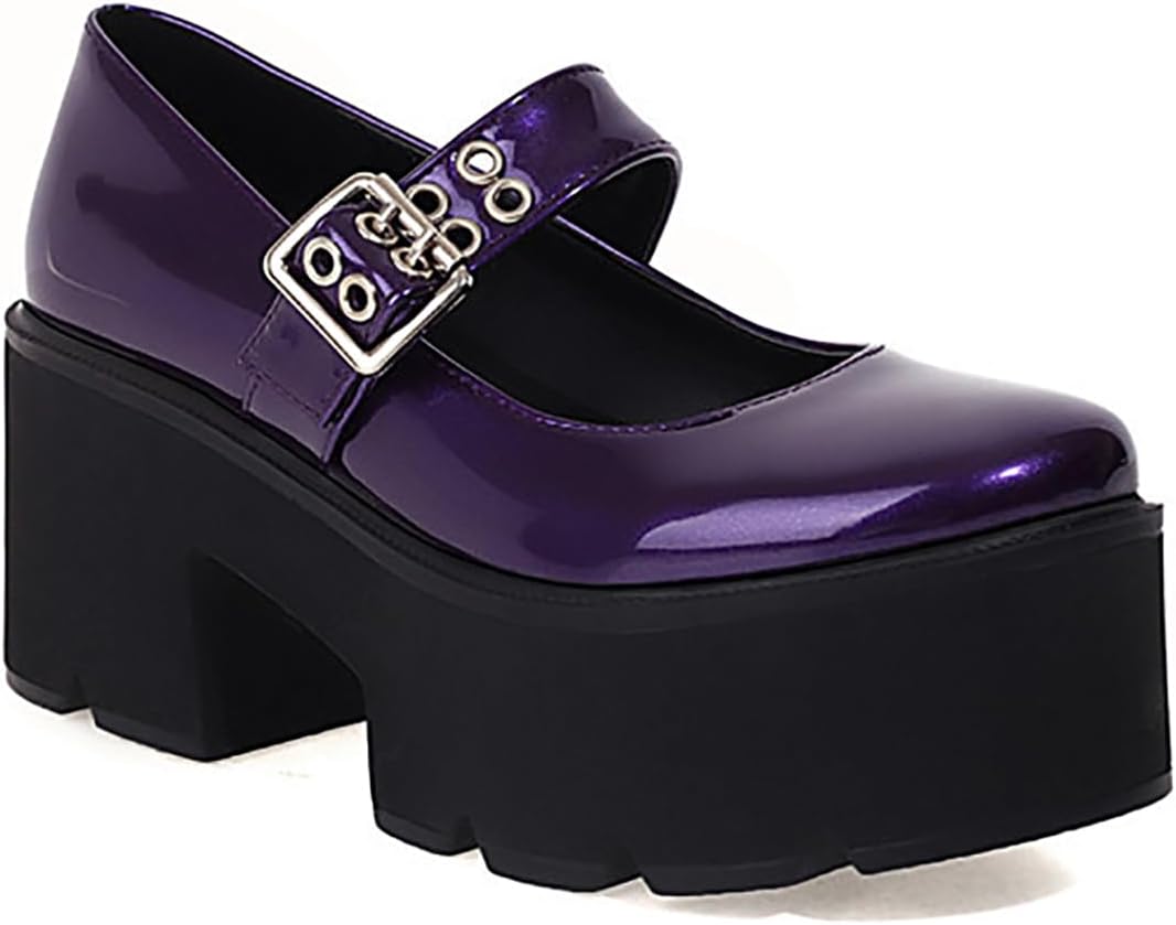 Women's Patent Leather Platform Mary Janes Pumps with Adjust Buckle Strap Fashion Closed Round Toe Wear-Resistant Lug Sole Chunky Heel Dressy Shoes for Party Date