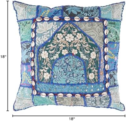 Surya AR-069 Hand Crafted 50% Cotton / 50% Polyester with lace accents Dark Robin’s Egg Blue 18" x 18" Global Decorative Pillow image 4