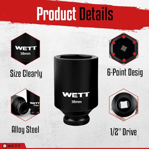 Image of WETT 1 /2 inch Drive Deep Large Impact Socket Set, 11-Piece Spindle Axle Nut Wheel Wrench Sockets Set, Jumbo Metric 6 Point Sockets with 3 /4 to 1 /2 Adapter, CR-V, (27mm-38mm)