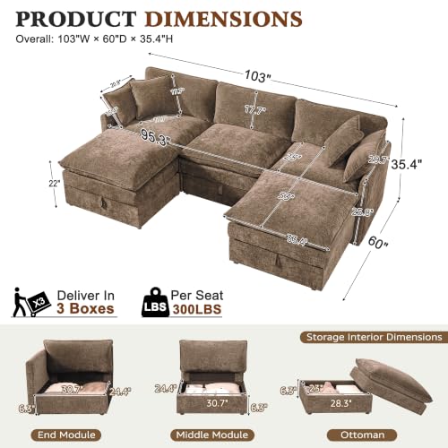 Image of Ihanherry 103 inch Modular Sectional Sofa with Storage, U Shaped Cloud Couch with Movable Ottomans & 4 Pillows, Chenille Deep Seat Sectional Couches for Living Room, Apartment (Brown)