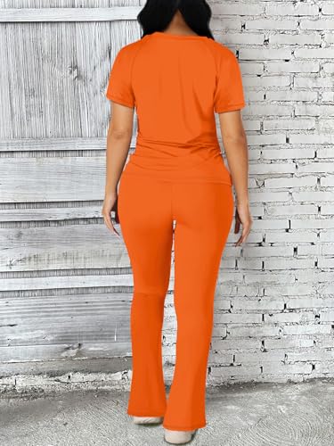 Image of STOLKISS Women 2 Piece Outfits Summer Workout Sweatsuit Striped Short Sleeve Long Flare Pants Casual Travel Tracksuit