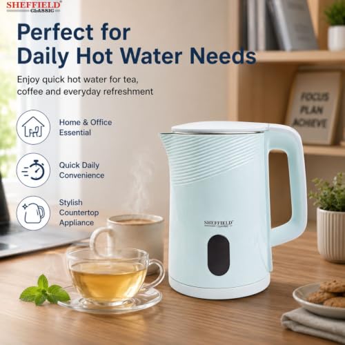 Image of SHEFFIELD CLASSIC 1.5L Cool Touch Electric Kettle for Home & Office | 1350W Fast Boil Stainless Steel Water Jug | Double-Wall Insulation, Automatic Shut-Off & 360 Cordless Base (Blue, BPA-Free)