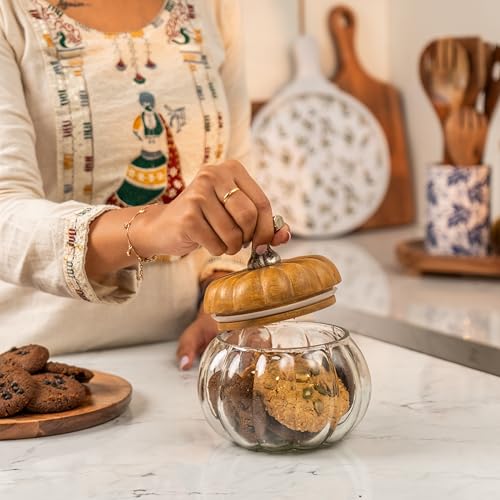 Image of Ember Glass Jar with Airtight Acacia Wood Lid | 650ml | 5.5 x 5.5 x 5.5 Inches | Handcrafted Glass Storage Jar for Cookies, Snacks, Candy, Spices & Dry Fruits | Decorative Kitchen Jar