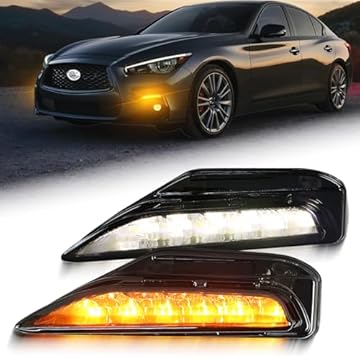 BINQIGOO Lâmpada de neblina de LED para para-choque dianteiro fumado, luz diurna, recurso de seta compatível com Infiniti Q50 2014-2023 Q70 2014-2019 Acessórios de luz branca/âmbar