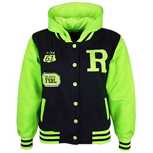 Jacket Girls Boys Fashion Baseball Hooded - B.B Jacket. Black Neon Green 7-82