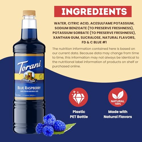 Image of Torani Sugar Free Blue Raspberry Syrup 1L - Keto, Zero Calorie