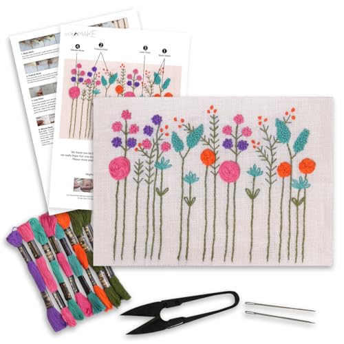Image of picknMAKE Hoop-Free Needle Stitch Floral Symphony DIY Hand Embroidery Kit Set For Adults,Stiff Jute Fabric Art Craft Work,Printed Floral Design With Threads,Needles,Cutter & Instruction,Multicolor