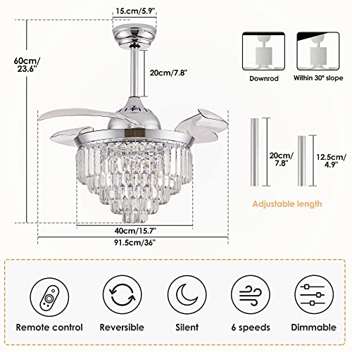 Finktonglan Dimmable Crystal Fandelier Ceiling Fan With Light And Remote, 36” Retractable Invisible Blades Fandeliers Modern Chandelier Ceiling Fan For Dining Room Bedroom Living Room, Chrome #TOP2