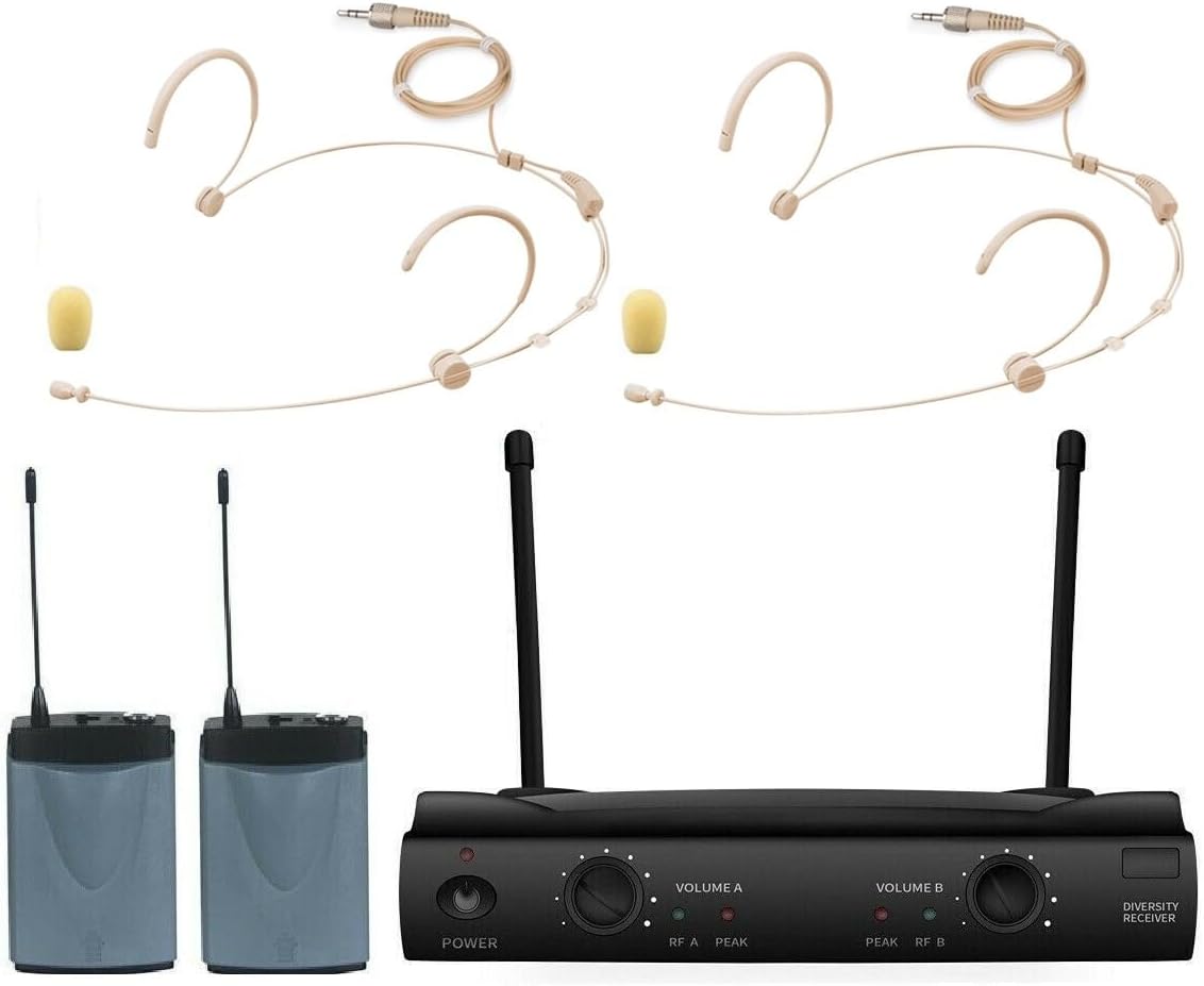 Dual Channel Wireless Headset Microphone System with uhf MS4 Receiver 2 Omnidirectional Headset Microphones Beige Color