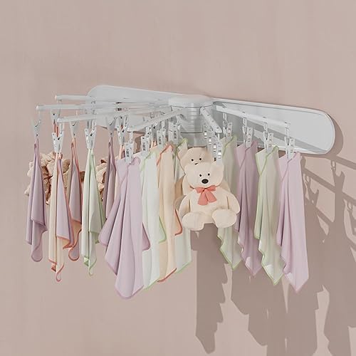 ELEFOCUS Perchero de secado plegable con 24 clips, montaje en pared, calcetines domésticos, estante de secado para ahorrar espacio, ropa interior,