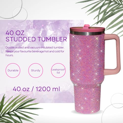 Image of 40 Oz Rhinestone Tumbler with Handle and Flip Straw | Insulated Stainless Steel Double Layer Bling Tumbler | Leak Proof Glitter Tumbler for Women | Reusable 1200ml Travel Bling Cups Pink