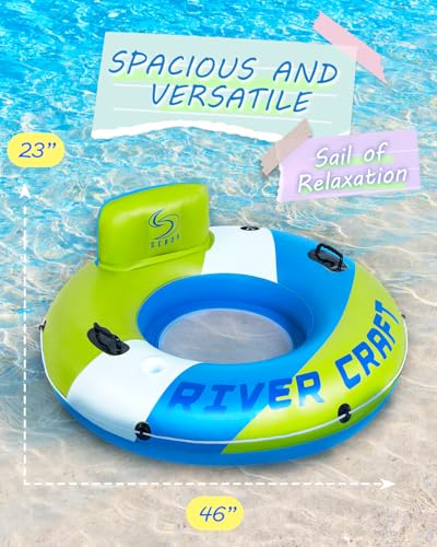 Sebor Heavy Duty River Tube, Inflatable Floating Tube with Backrests, Cupholders & Handles - Extra Large, Deluxe Pool Tube for Summer Relaxation - Green (Single Seat 2 Pack)