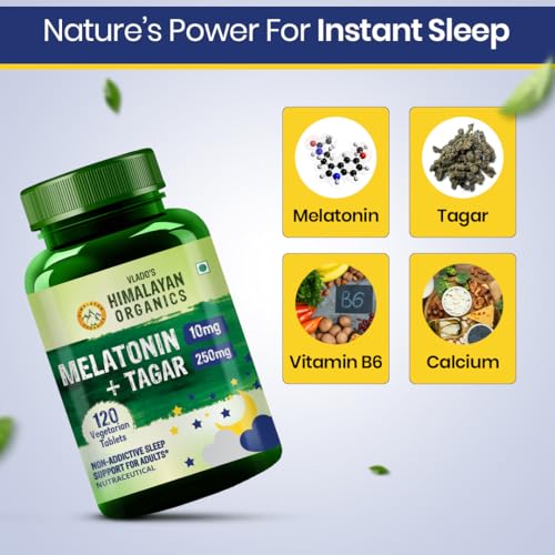 Image of Vlado's Himalayan Organics Melatonin 10Mg Sleep Tablets- Sleeping Pills with with 250mg Tagar & Vitamin B6 for Deep Sleep Restful Nights, and Effective Sleep Dose | for Women & Men | Non-Habit Forming, Restful Sleep - 120 Tablets