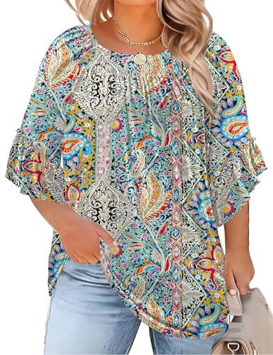 Image of Micoson Womens Plus Size Tops 3 /4 Ruffle Sleeve Crewneck Pleated Shirts