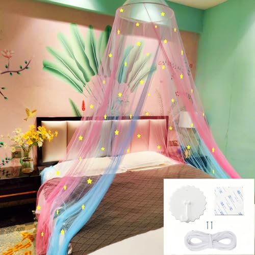 Image of Two-Tone Bed Canopy Mosquito Net, Bed Canopy for Girls Room Decor - Insect Protection Hanging Canopy for Indoor(Pink+Blue,Stars Glow in the Dark)