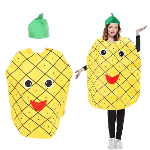 IGEAIE - Disfraz de piña divertido, traje amarillo y sombrero verde, tela no tejida para fiestas, juegos de rol, vacaciones, festivales (170 cm)