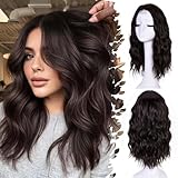 ANNISOUL Short Wavy Wigs for Women 18Inch Bob Wave Wig Middle Part Synthetic Lace Front Natural Hairline Hair for Daily Party Use(Chocolate Brown)