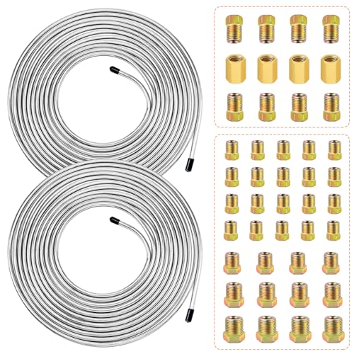 smseace 2Sets 25Ft. 3/16" Brake Line Tubing Kit with Brake Line Fittings(Includes 32pcs Fittings and 4pcs Unions+8pcs Nuts) Zinc-coated Brake Lines