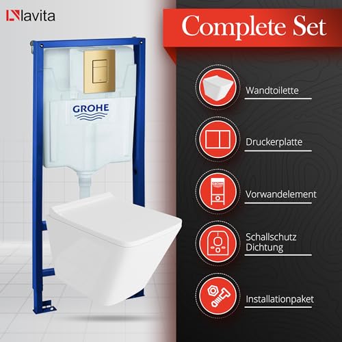 Lavita Vorwandelement Solido + Wand Hänge WC Lago Weiß Spülrandlos + WC Sitz mit Absenkautomatik Goldener Knopf Komplettset Unterputz Spülkasten Toilette Komplett Sett WC – Bild 3
