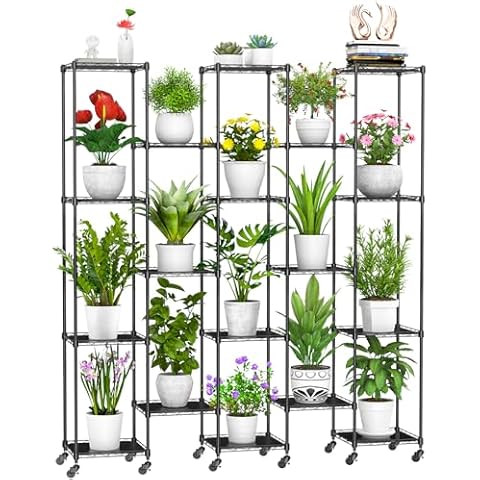Abimars 74'' Tall Plant Stand with Wheels, Shelf Height Adjustable Metal Plant Shelf for 18 Potted Plants, DIY Assembly Indoor/Outdoor Plant Display Rack Cover