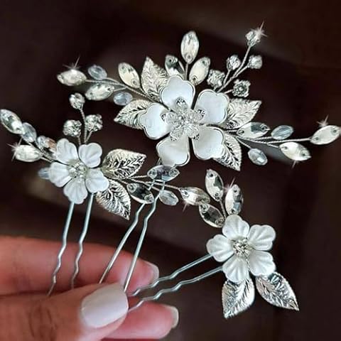 YBSHIN Bride Flower Wedding Hair Pins Silver Crystal Hair Piece Bridal Leaf Hair Accessories for Women (Pack of 3) Cover