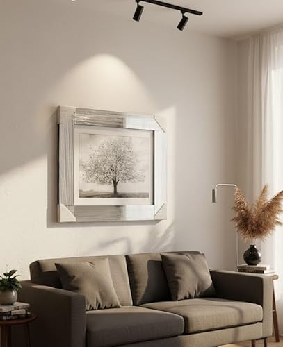 Biznest Blossom Tree Picture in Mirrored Frame Glitter 3D Wall Art Picture Glitter Liquid Art Home Decor 55x55Cm (Silver)