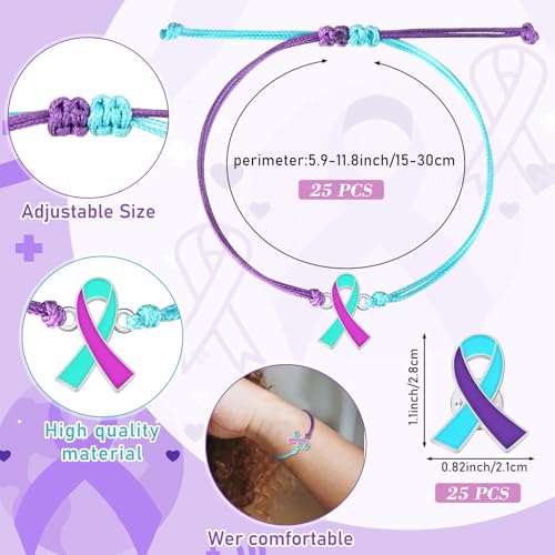 50 Pcs Suicide Awareness Bracelets Pin Set 25 Suicide Prevention Awareness Bracelets and 25 Teal and Purple Ribbon Pin Adjustable Wristband for Women Men Jewelry Accessories3