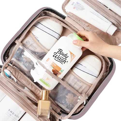 Image of NISHEL Travel Toiletry Bag for women, Portable Hanging Organizer for Family-Sized Shampoo, Conditioner, Brushes Set, Makeup Accessories, Extra Large Size, Peach Pink