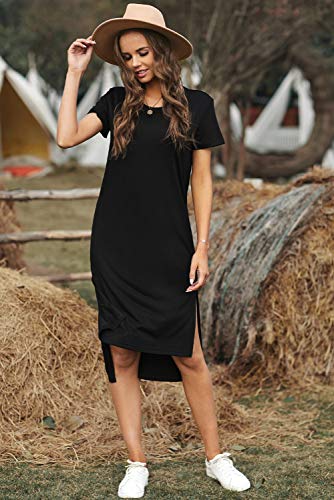 Alaster Women’s Casual T-Shirt Midi Dress 2025 Short Sleeve Summer High Splits Dress with Pocket High Low Solid Midi Dress2